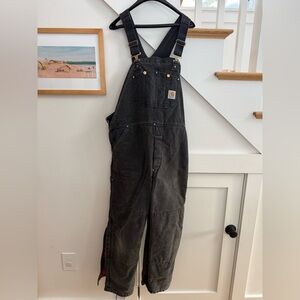 Carhartt black insulated loose fit duck bib overalls workwear utility men 42x30